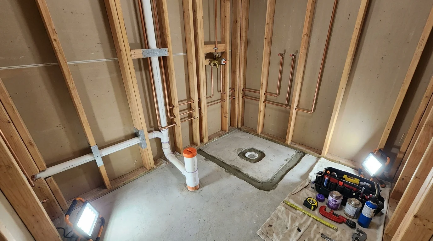 Bathroom rough-in plumbing during remodel by Johns Plumbing LLC in Grand Isle