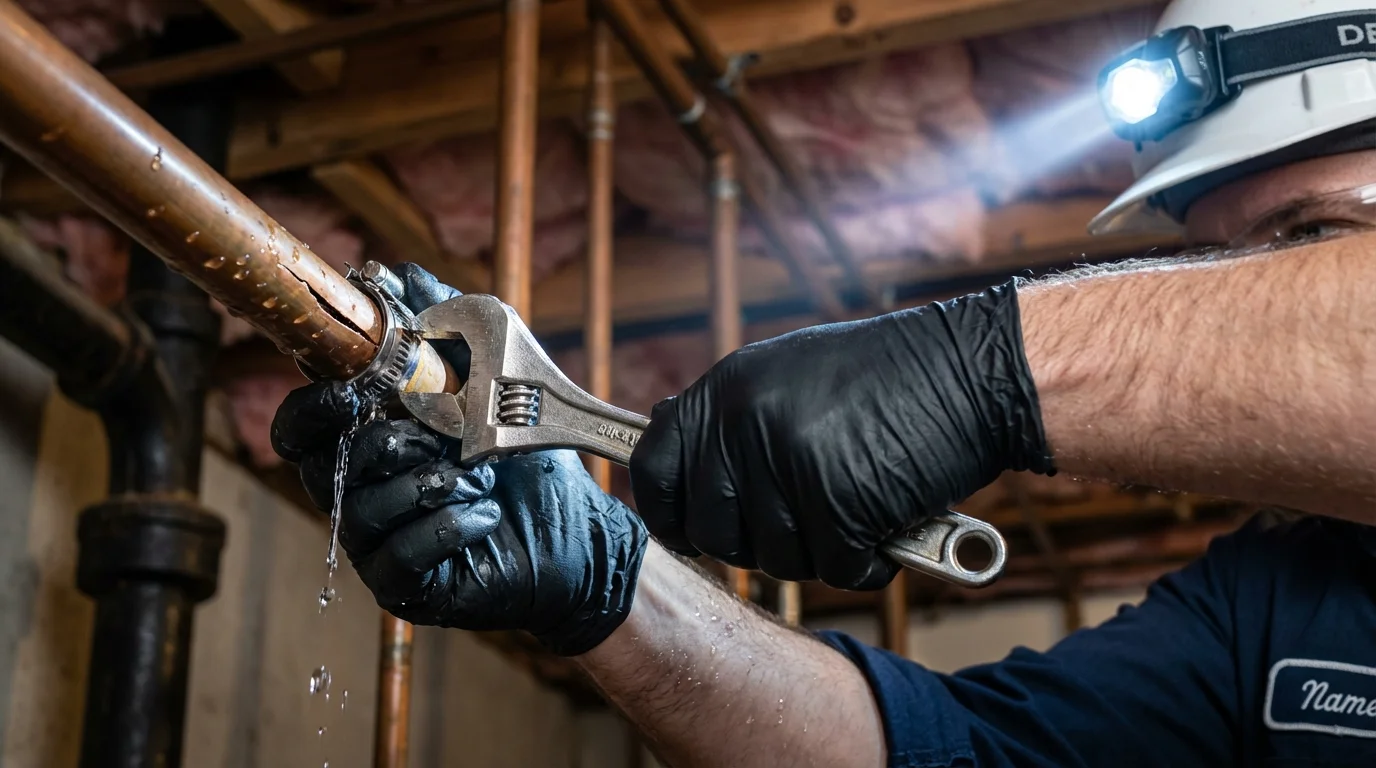 Emergency pipe clamp repair being performed by a Johns Plumbing LLC plumber in Grand Isle