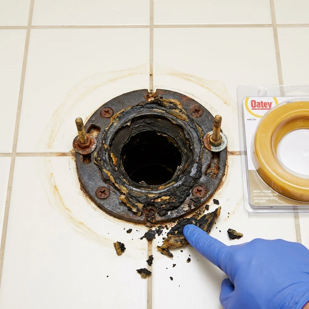 Failed wax ring showing water seepage at the base of a toilet in a Grand Isle, LA home