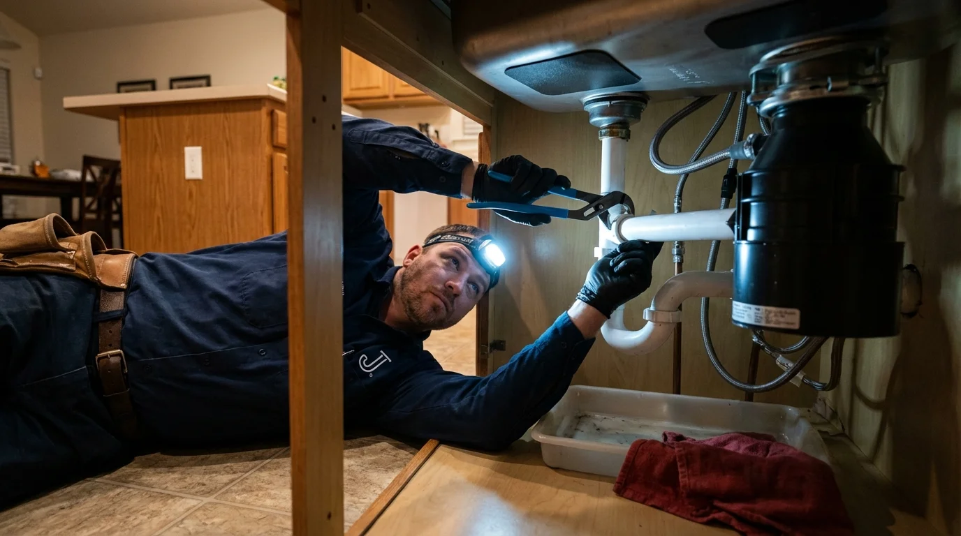 P-trap and supply line connections under a kitchen sink showing a common leak point in Grand Isle, LA